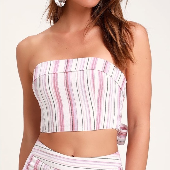 4SI3NNA Daria Striped Tie-Back Strapless Crop Top‎ in Pink Size Small - Picture 1 of 10